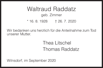 Traueranzeige von Waltraud Raddatz von Siegener Zeitung
