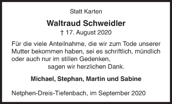 Traueranzeige von Waltraud Schweidler von Siegener Zeitung