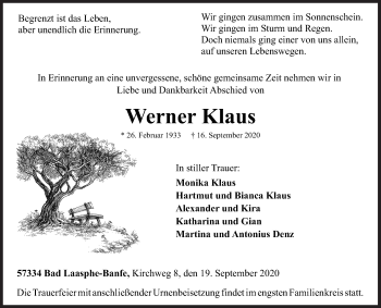 Traueranzeige von Werner Klaus von Siegener Zeitung