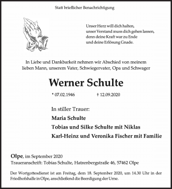 Traueranzeige von Werner Schulte von Siegener Zeitung