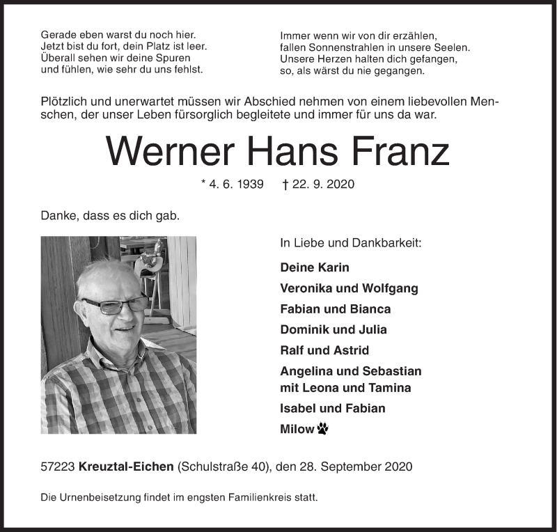  Traueranzeige für Werner Hans Franz vom 28.09.2020 aus Siegener Zeitung