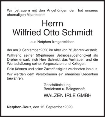Traueranzeige von Wilfried Otto Schmidt von Siegener Zeitung