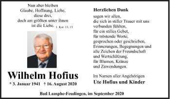 Traueranzeige von Wilhelm Hofius von Siegener Zeitung