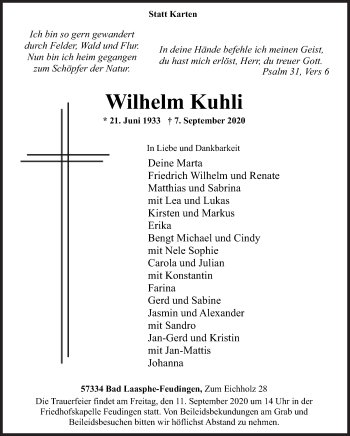 Traueranzeige von Wilhelm Kuhli von Siegener Zeitung