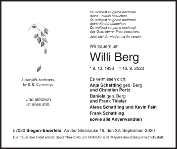 Traueranzeige von Willi Berg von Siegener Zeitung