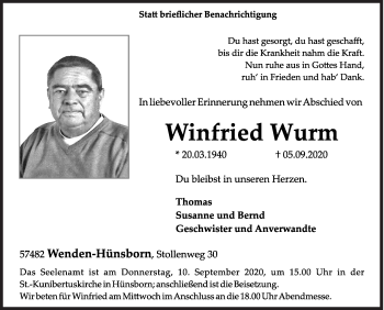 Traueranzeige von Winfried Wurm von Siegener Zeitung