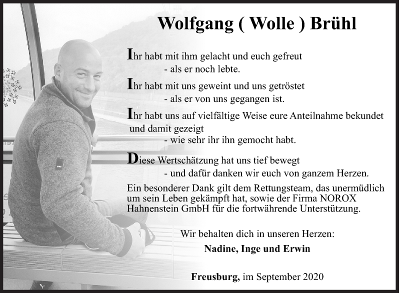  Traueranzeige für Wolfgang  Brühl vom 12.09.2020 aus Siegener Zeitung