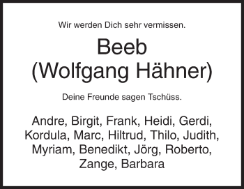 Traueranzeige von Wolfgang Hähner von Siegener Zeitung