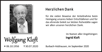 Traueranzeige von Wolfgang Kloft von Siegener Zeitung