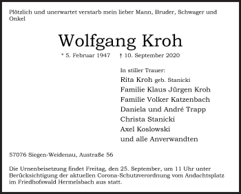 Traueranzeige von Wolfgang Kroh von Siegener Zeitung