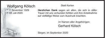 Traueranzeige von Wolfgang Kölsch von Siegener Zeitung