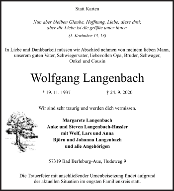 Traueranzeige von Wolfgang Langenbach von Siegener Zeitung