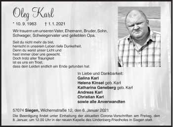 Traueranzeige von Oleg Karl von Siegener Zeitung