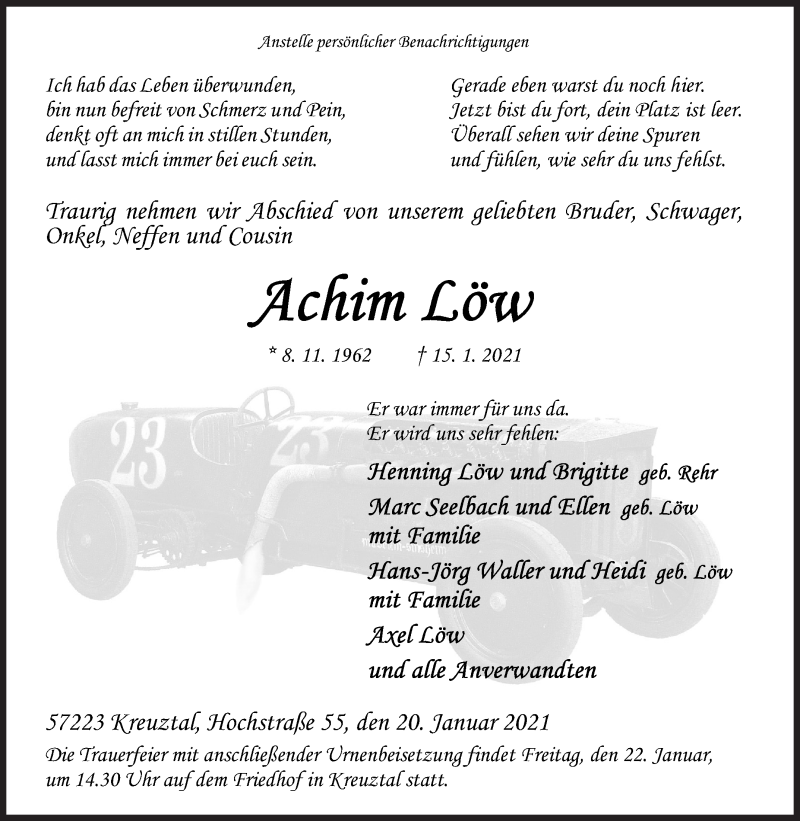  Traueranzeige für Achim Löw vom 20.01.2021 aus Siegener Zeitung