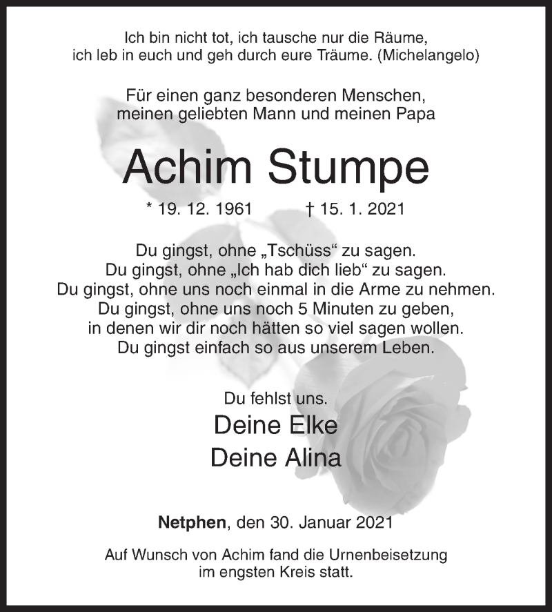 Traueranzeige für Achim Stumpe vom 30.01.2021 aus Siegener Zeitung