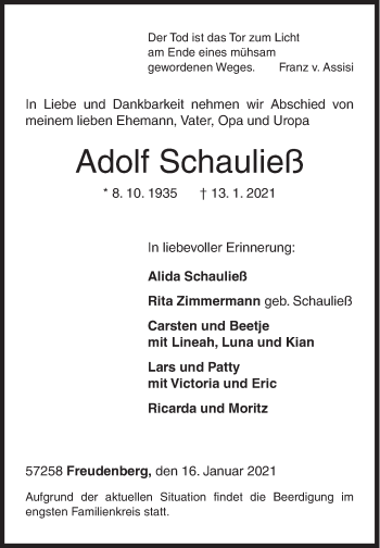 Traueranzeige von Adolf Schauließ von Siegener Zeitung