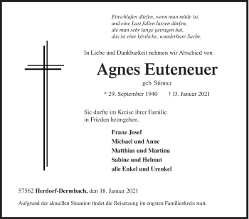 Traueranzeige von Agnes Euteneuer von Siegener Zeitung