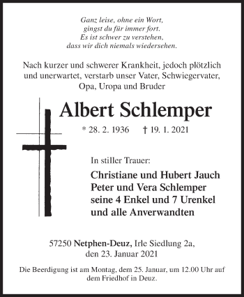 Traueranzeige von Albert Schlemper von Siegener Zeitung