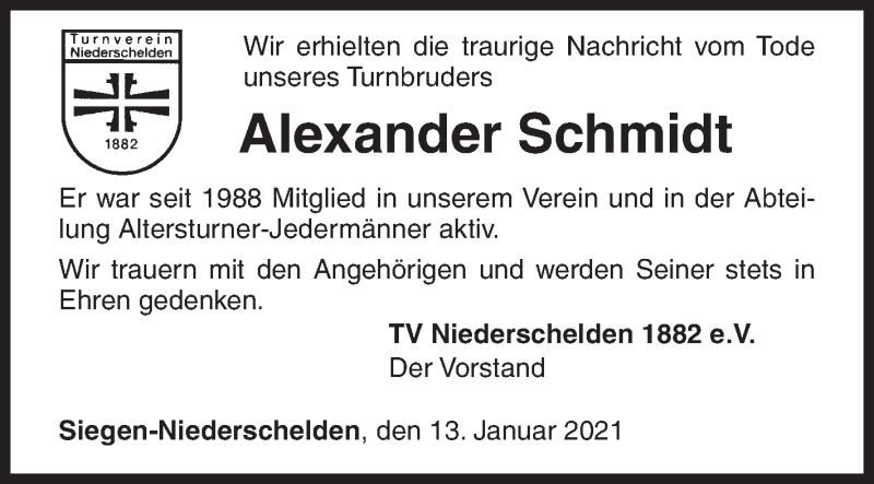  Traueranzeige für Alexander Schmidt vom 13.01.2021 aus Siegener Zeitung