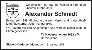 Traueranzeige von Alexander Schmidt von Siegener Zeitung