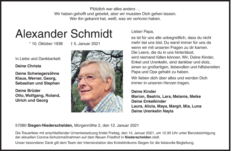  Traueranzeige für Alexander Schmidt vom 12.01.2021 aus Siegener Zeitung