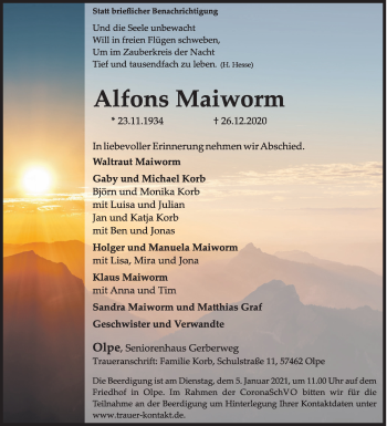 Traueranzeige von Alfons Maiworm von Siegener Zeitung
