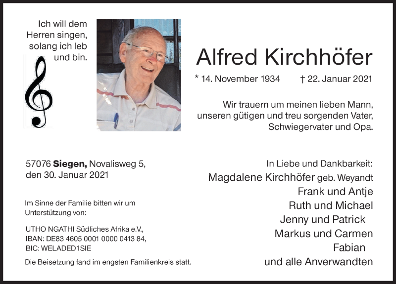  Traueranzeige für Alfred Kirchhöfer vom 30.01.2021 aus Siegener Zeitung