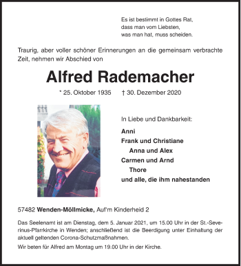 Traueranzeige von Alfred Rademacher von Siegener Zeitung