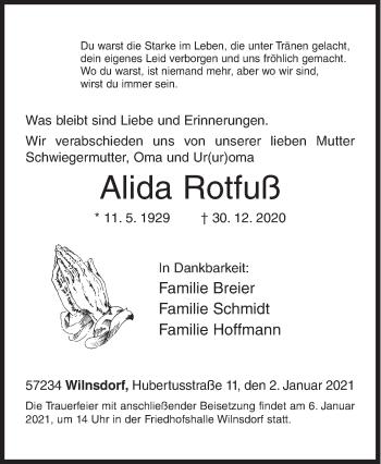 Traueranzeige von Alida Rotfuß von Siegener Zeitung