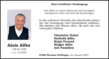 Traueranzeige von Alois Alfes von Siegener Zeitung