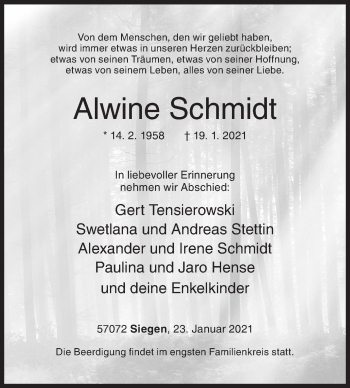 Traueranzeige von Alwine Schmidt von Siegener Zeitung
