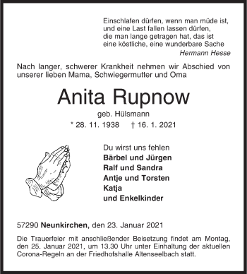 Traueranzeige von Anita Rupnow von Siegener Zeitung