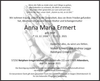 Traueranzeige von Anna Maria Ermert von Siegener Zeitung