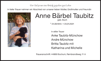 Traueranzeige von Anne Bärbel Taubitz von Siegener Zeitung