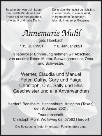 Traueranzeige von Annemarie Muhl von Siegener Zeitung