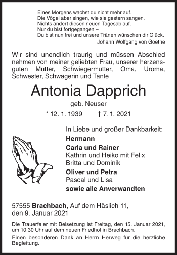 Traueranzeige von Antonia Dapprich von Siegener Zeitung