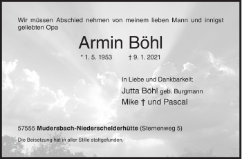Traueranzeige von Armin Böhl von Siegener Zeitung
