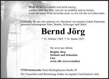 Traueranzeige von Bernd Jörg von Siegener Zeitung