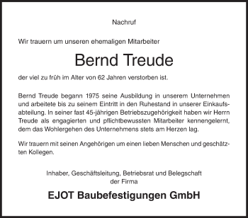 Traueranzeige von Bernd Treude von Siegener Zeitung
