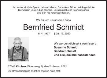 Traueranzeige von Bernfried Schmidt von Siegener Zeitung