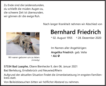 Traueranzeige von Bernhard Friedrich von Siegener Zeitung