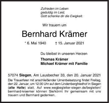 Traueranzeige von Bernhard Krämer von Siegener Zeitung