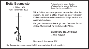 Traueranzeige von Betty Baumeister von Siegener Zeitung