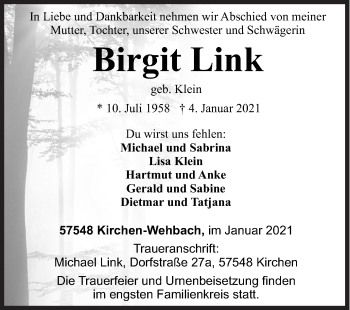 Traueranzeige von Birgit Link von Siegener Zeitung