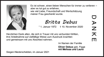 Traueranzeige von Britta Debus von Siegener Zeitung