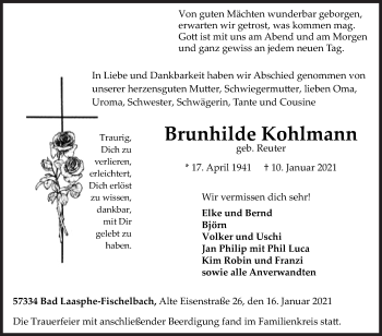 Traueranzeige von Brunhilde Kohlmann von Siegener Zeitung