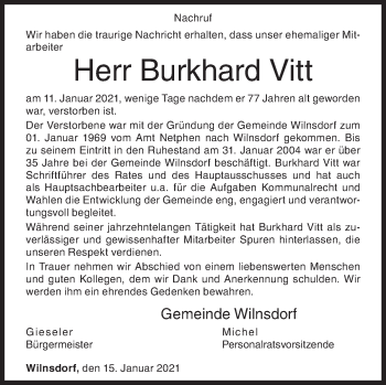 Traueranzeige von Burkhard Vitt von Siegener Zeitung