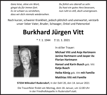 Traueranzeige von Burkhard Jürgen Vitt von Siegener Zeitung
