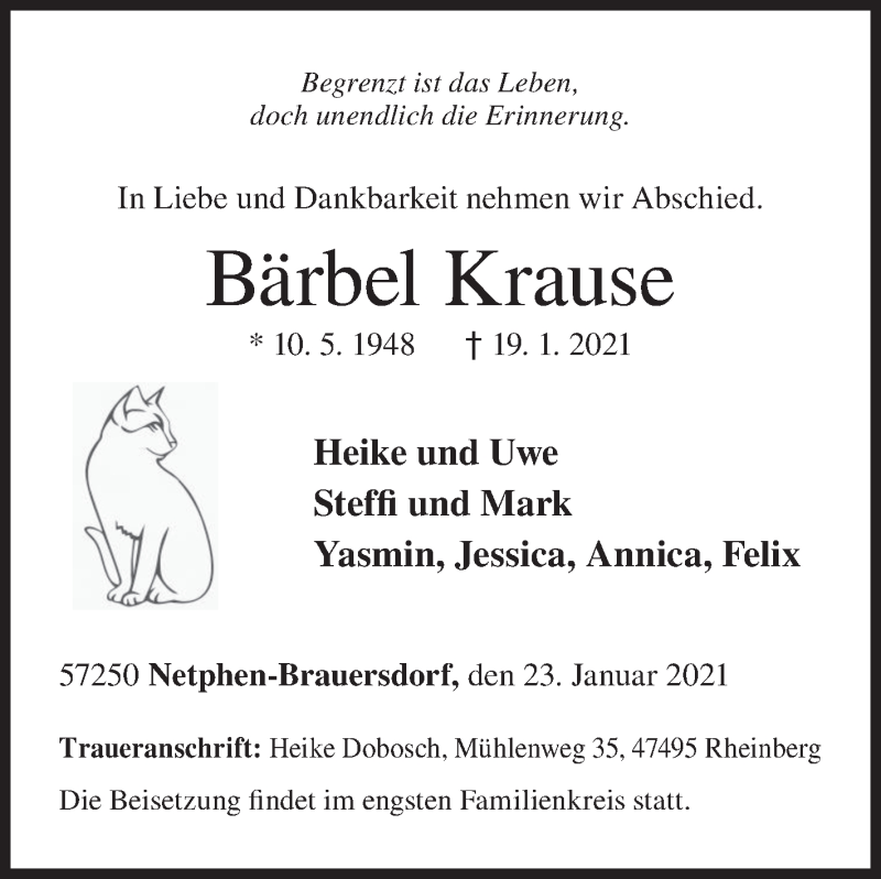  Traueranzeige für Bärbel Krause vom 23.01.2021 aus Siegener Zeitung