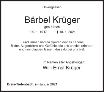 Traueranzeige von Bärbel Krüger von Siegener Zeitung